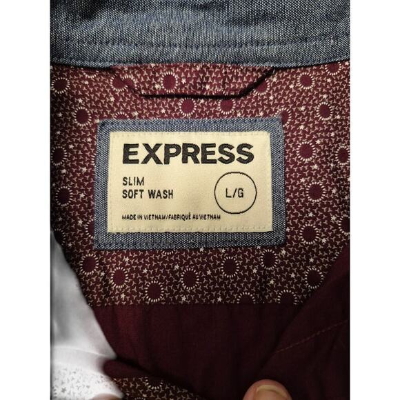 Express Mens L Slim soft wash, calico mens button down cotton shirt Denim Accent - Picture 4 of 8